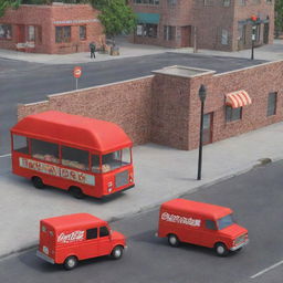 Modify the 3D cartoon-style image, replacing the mail van in the middle of the street with a red mail truck. Retain the two candy store kiosks, one farther than the other, both manned by two men with a box.