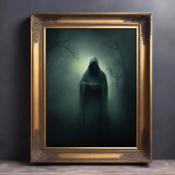 Create an old art style book cover featuring a haunted painting