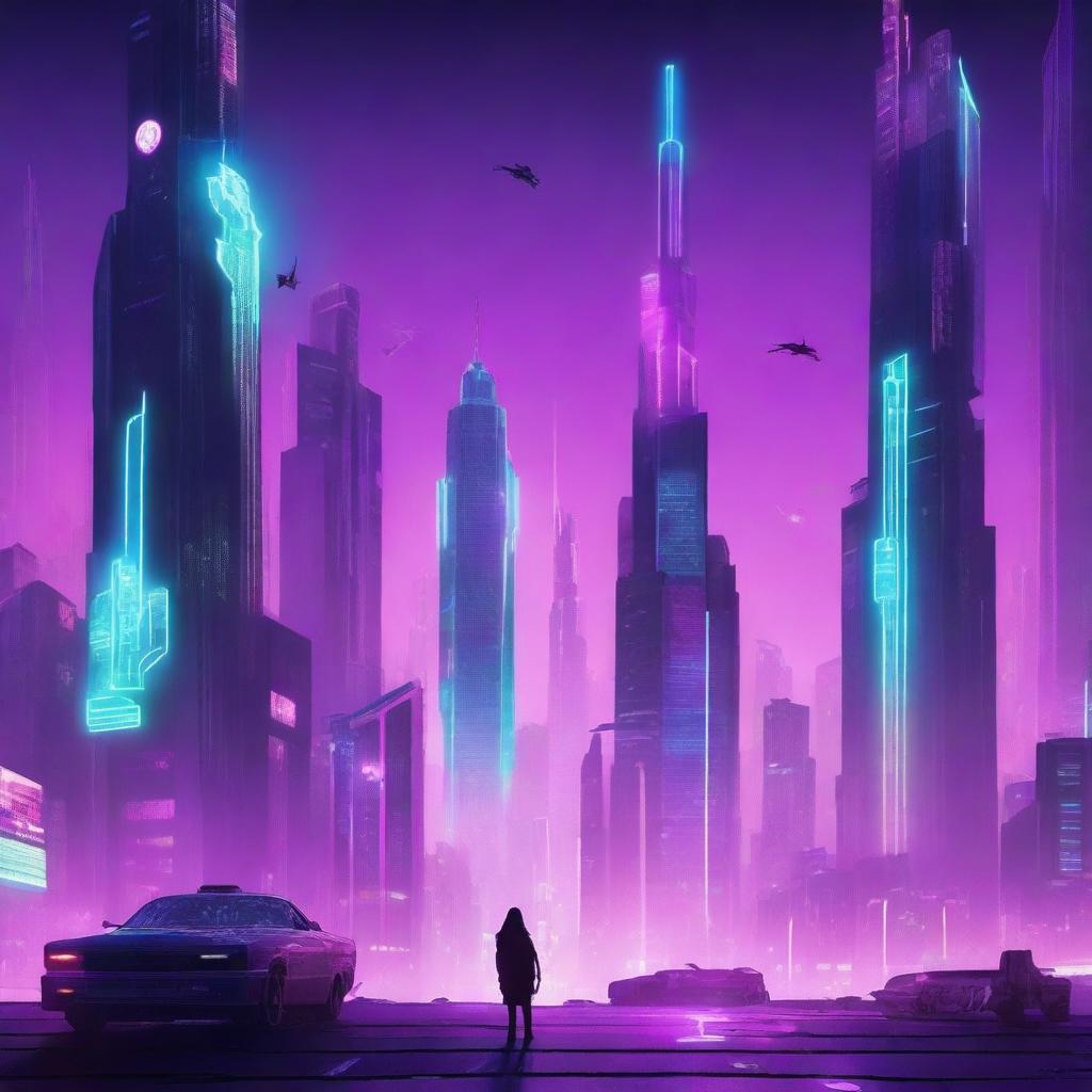 A cyberpunk-themed book cover featuring a futuristic cityscape with neon lights and advanced technology