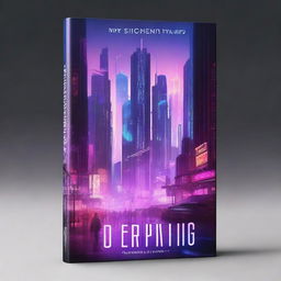 A cyberpunk-themed book cover featuring a futuristic cityscape with neon lights and advanced technology