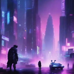 A cyberpunk-themed book cover featuring a futuristic cityscape with neon lights and advanced technology