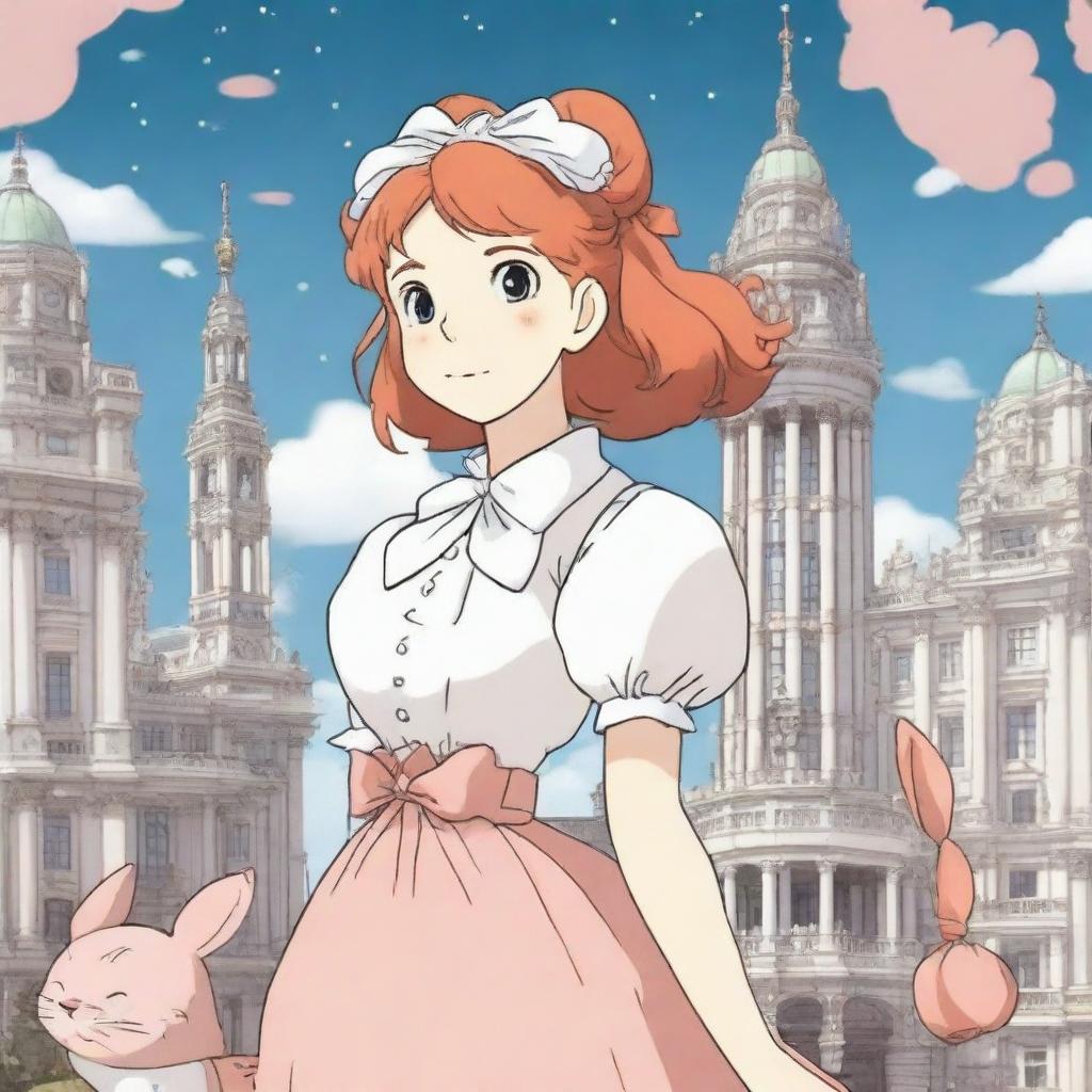 A Studio Ghibli inspired heroine standing in a Ghibli inspired London