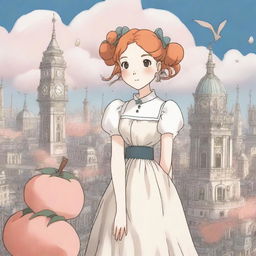 A Studio Ghibli inspired heroine standing in a Ghibli inspired London