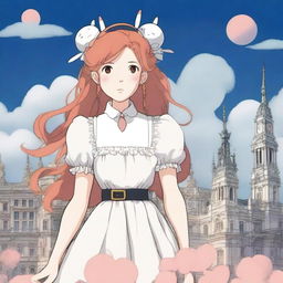 A Studio Ghibli inspired heroine standing in a Ghibli inspired London