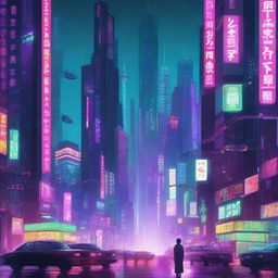 A cyberpunk-themed book cover featuring a futuristic cityscape with neon lights and advanced technology