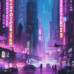 A cyberpunk-themed book cover featuring a futuristic cityscape with neon lights and advanced technology