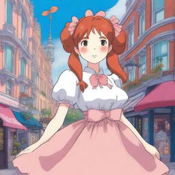 A Studio Ghibli inspired heroine standing in a Ghibli inspired London