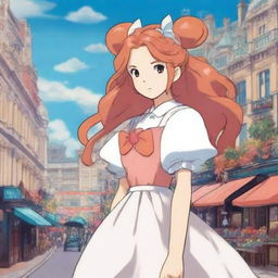 A Studio Ghibli inspired heroine standing in a Ghibli inspired London