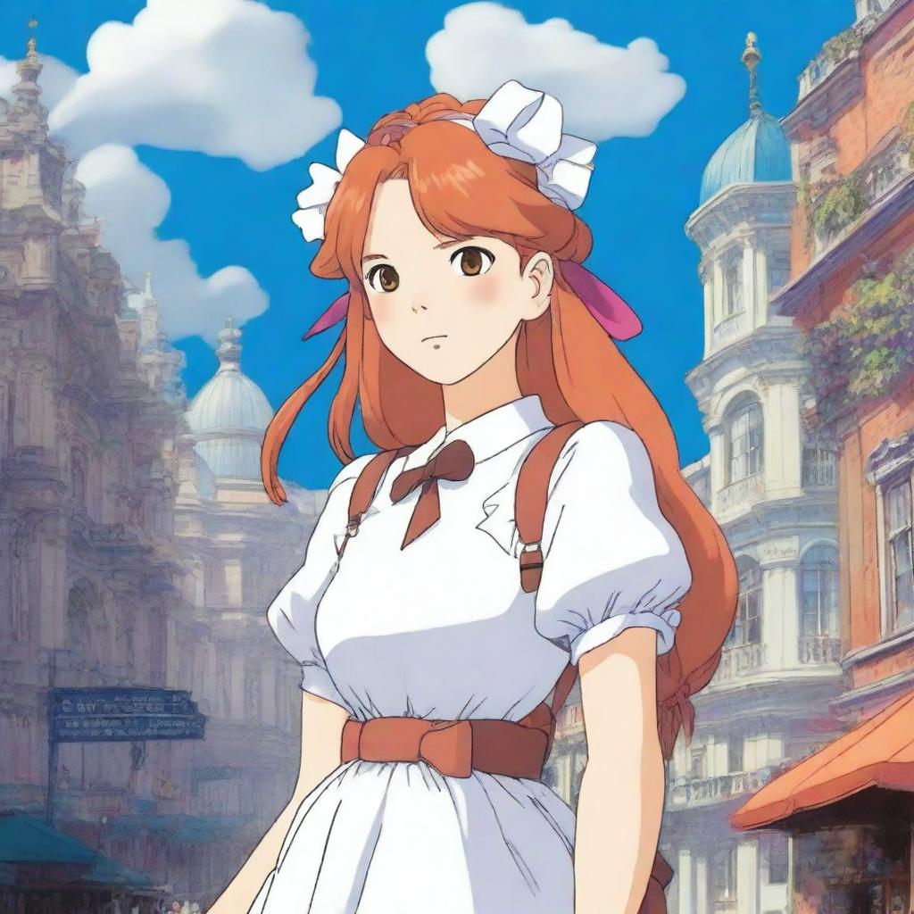 A Studio Ghibli inspired heroine standing in a Ghibli inspired London