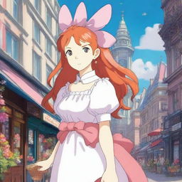 A Studio Ghibli inspired heroine standing in a Ghibli inspired London