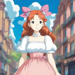 A Studio Ghibli inspired heroine standing in a Ghibli inspired London