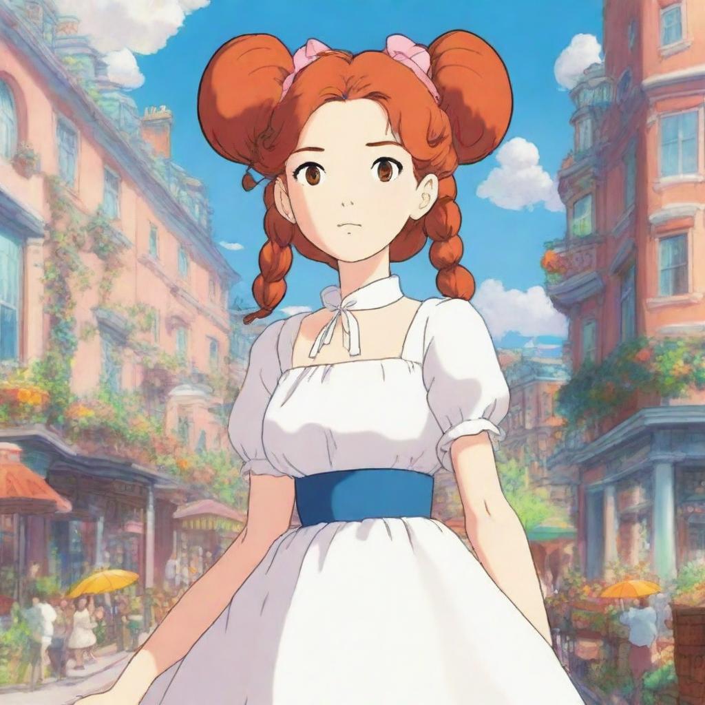 A Studio Ghibli inspired heroine standing in a Ghibli inspired London