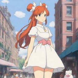 Studio Ghibli inspired heroine standing in a Ghibli-inspired London