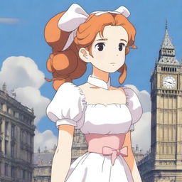 Studio Ghibli inspired heroine standing in a Ghibli-inspired London