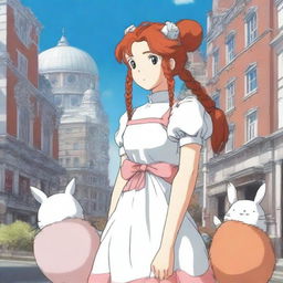 Studio Ghibli inspired heroine standing in a Ghibli-inspired London