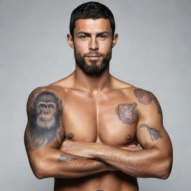 A wizard sailor with a beard, Cristiano Ronaldo's body and a monkey tattoo on his right arm