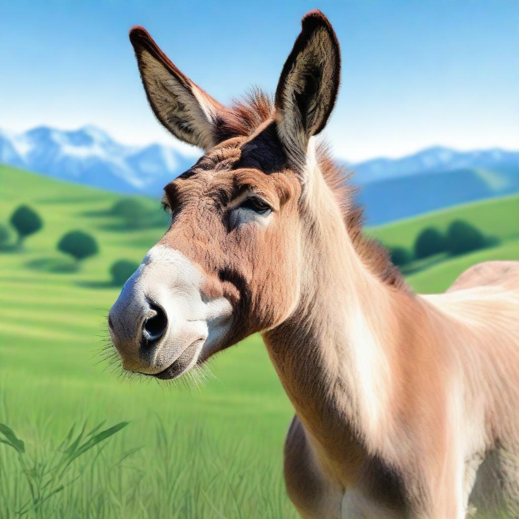 A realistic and detailed image of a donkey standing in a lush green field