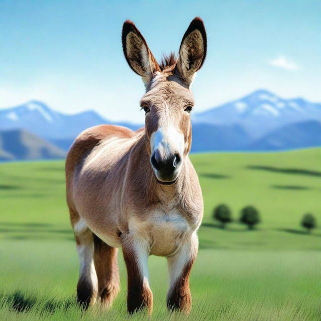 A realistic and detailed image of a donkey standing in a lush green field