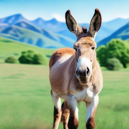 A realistic and detailed image of a donkey standing in a lush green field