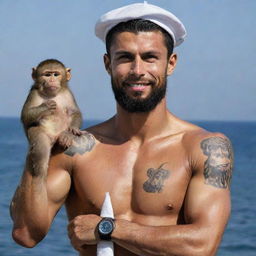 A wizard sailor with a beard, Cristiano Ronaldo's body and a monkey tattoo on his right arm