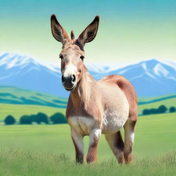 A realistic and detailed image of a donkey standing in a lush green field