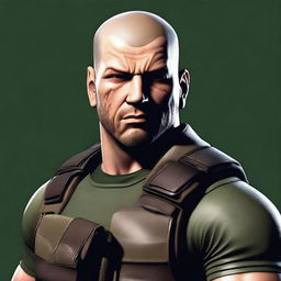 A detailed and realistic illustration of Chris Redfield from Resident Evil series, but with a bald head