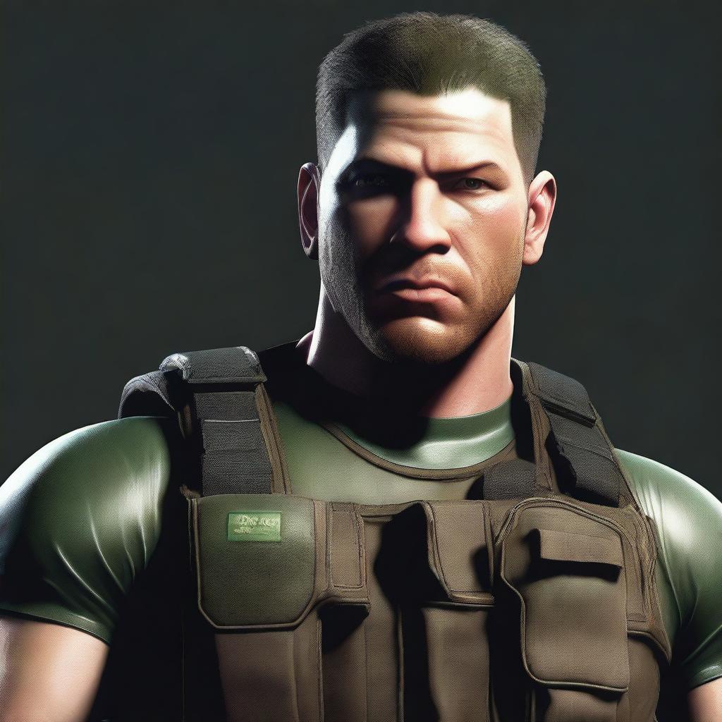 A detailed and realistic illustration of Chris Redfield from Resident Evil series, but with a bald head