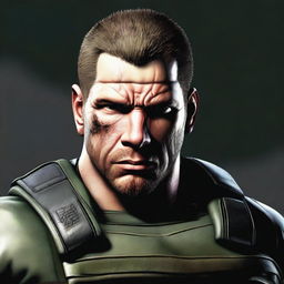 A detailed and realistic illustration of Chris Redfield from Resident Evil series, but with a bald head