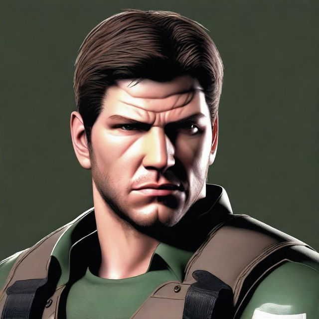 A detailed and realistic illustration of Chris Redfield from Resident Evil 1, but with a mullet hairstyle