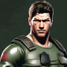 A detailed and realistic illustration of Chris Redfield from Resident Evil 1, but with a mullet hairstyle