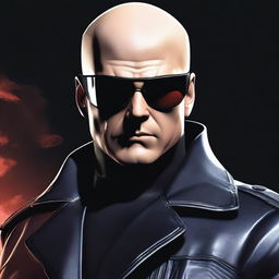 A detailed and realistic illustration of Albert Wesker from the Resident Evil series, but with a bald head