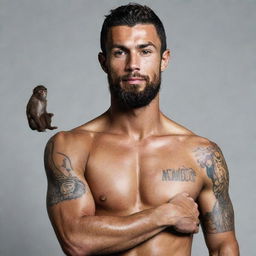 A wizard sailor with a beard, Cristiano Ronaldo's body and a monkey tattoo on his right arm