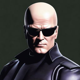 A detailed and realistic illustration of Albert Wesker from the Resident Evil series, but with a bald head