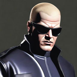 A detailed and realistic illustration of Albert Wesker from the Resident Evil series, but with a bald head