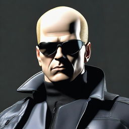 A detailed and realistic illustration of Albert Wesker from the Resident Evil series, but with a bald head