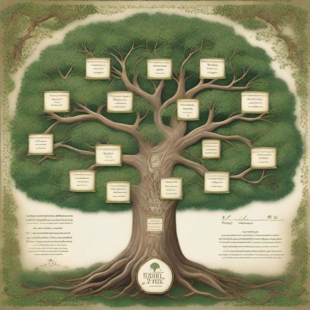 A very large and intricate family tree, showcasing multiple generations with detailed branches and connections