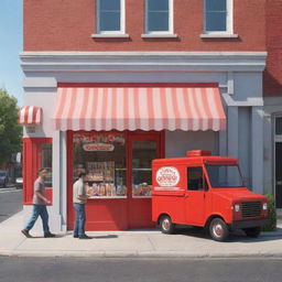 Further modify the 3D cartoon-style image to add a man at the door of the nearer candy store. The scene includes a red mail truck on the street between two candy store kiosks manned by two men each and containing a box.