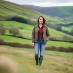 A woman wearing wellies stands in a picturesque countryside setting