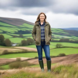 A woman wearing wellies stands in a picturesque countryside setting