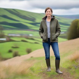 A woman wearing wellies stands in a picturesque countryside setting