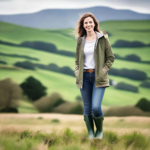 A woman wearing wellies stands in a picturesque countryside setting