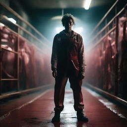 A woman standing in a dimly lit slaughterhouse