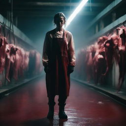 A woman standing in a dimly lit slaughterhouse