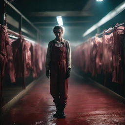 A woman standing in a dimly lit slaughterhouse