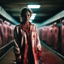 A woman standing in a dimly lit slaughterhouse