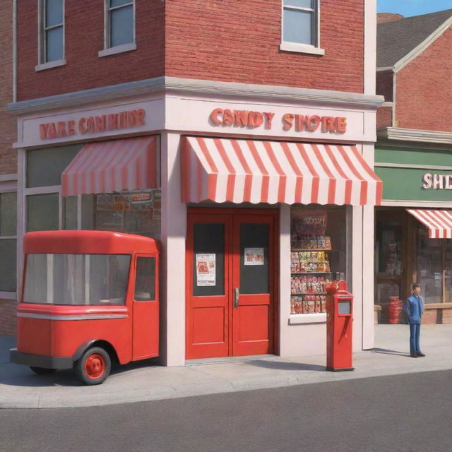 Further modify the 3D cartoon-style image to add a man at the door of the nearer candy store. The scene includes a red mail truck on the street between two candy store kiosks manned by two men each and containing a box.