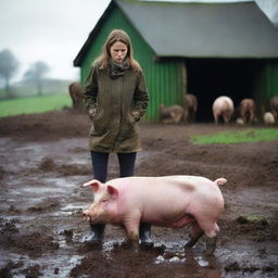 A woman wearing wellies stands over a pig that she has just killed