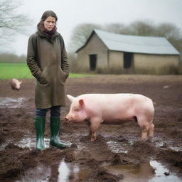 A woman wearing wellies stands over a pig that she has just killed