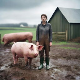 A woman wearing wellies stands over a pig that she has just killed