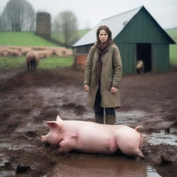 A woman wearing wellies stands over a pig that she has just killed